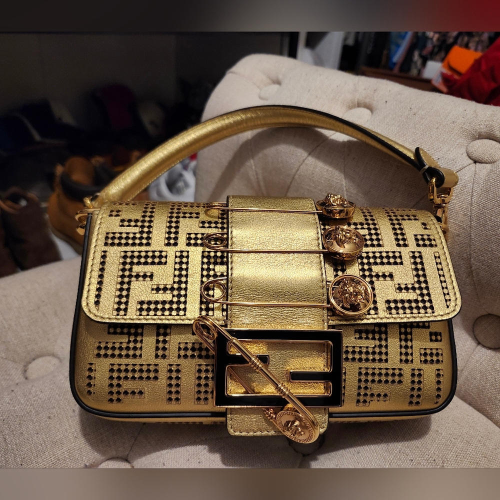 Fendace Fendi X Versace Limited Edition Gold Leather Baguette Shoulder Bag